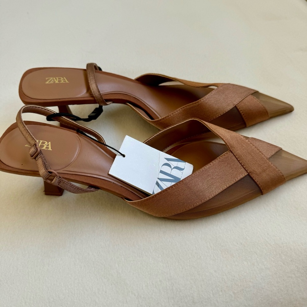 Zara Brown Kitten Heeled Shoes - Picture 8 of 11
